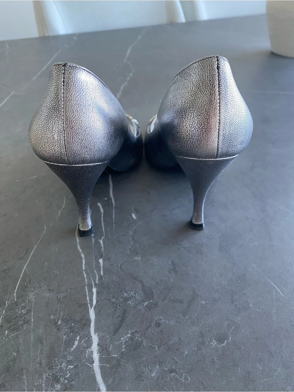 Sergio Rossi Silver Metallic Peep-Toe Heels
